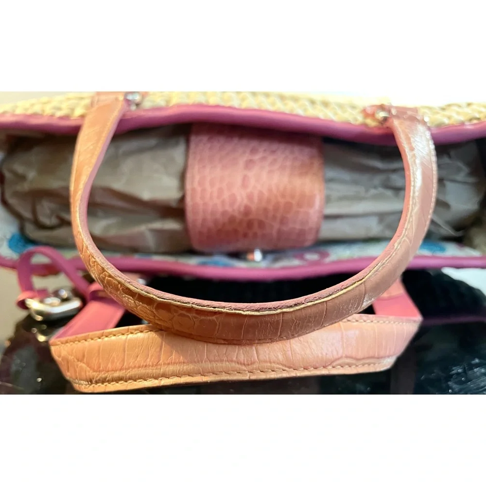 Brighton Straw Tote with Pink Trim and Multicolor Floral Appliques